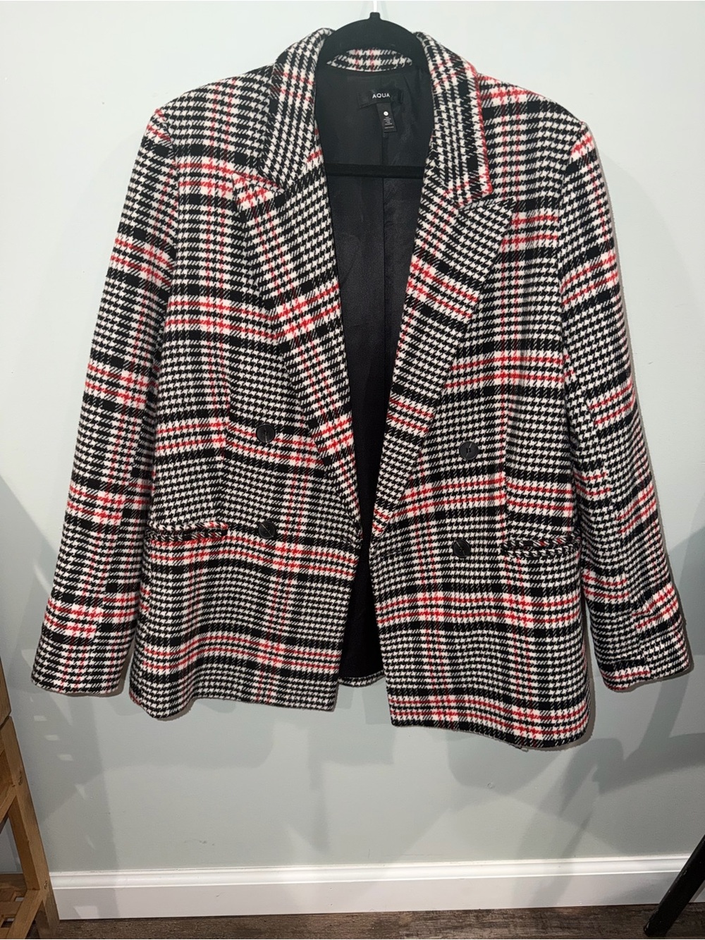 AQUA Plaid Double Breasted Blazer Jacket Black White Red sz L